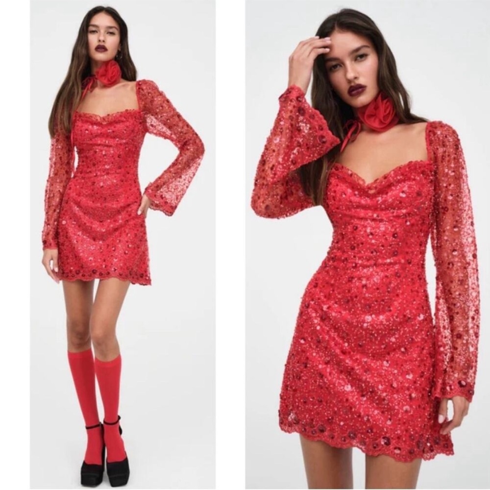 For Love & Lemons Gwendolyn Red Sequin Long Sleeve Mini Dress